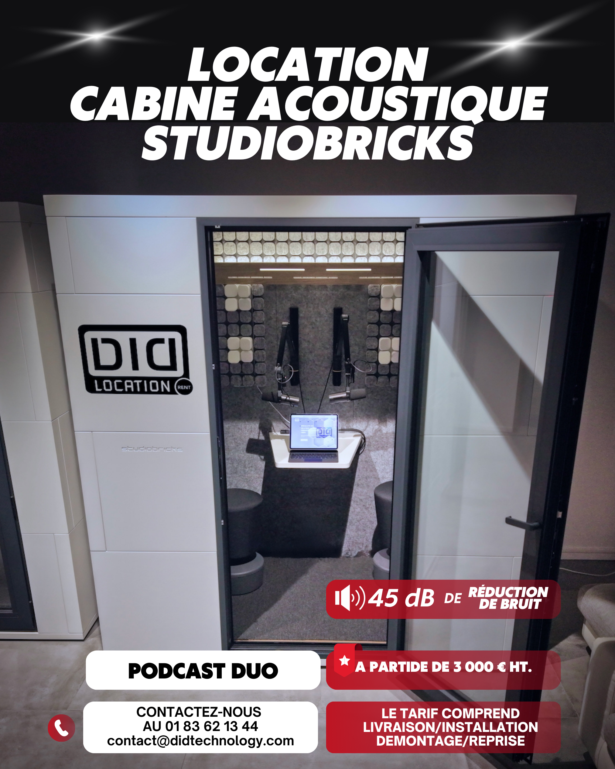 “Cabine Studiobricks en location installée pour enregistrer un podcast en entreprise”